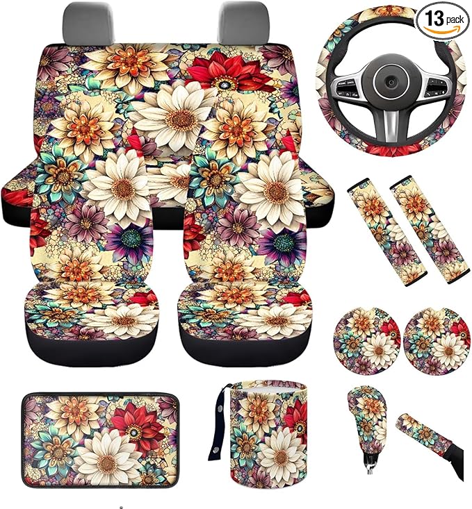 Dngkaoje 13 Pieces Blossom Lotus Car Accessories Full Set Boho Flower Car Seat Covers Set Steering Wheel Covers Automotive Garbage Cans Organizer,Cup Holder,Armrest Pads,Fit for Most Truck SUV