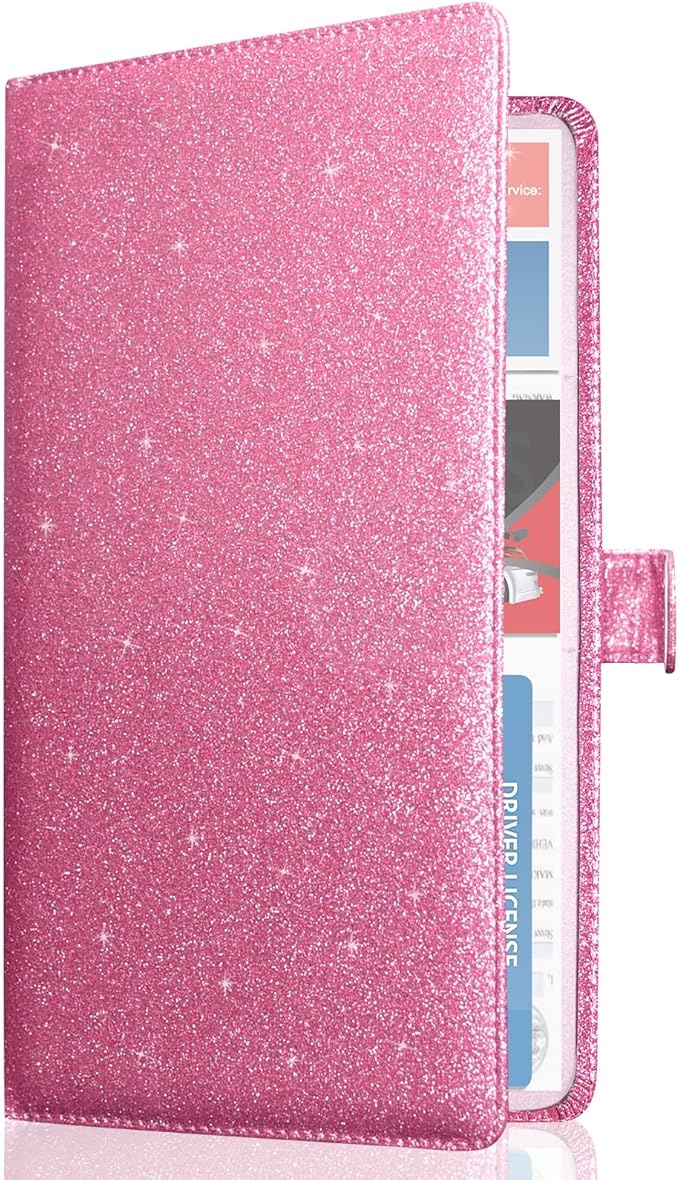 Car Registration and Insurance Holder Vehicle Glove Box Organizer Leather Car Document Holder for Driver's License, ID, Key Information Cards with Magnetic Closure, Glitter Pink