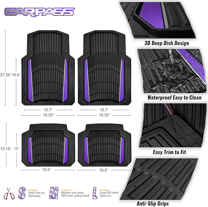 CAR PASS Heavy Rubber Car Floor Mats, Deep Waterproof Car Floor Mats All Weather, Aluminum Film Universal Trim to Fit for Cars SUV Trucks Sedans, Anti-Slip, Black Purple Metallic
