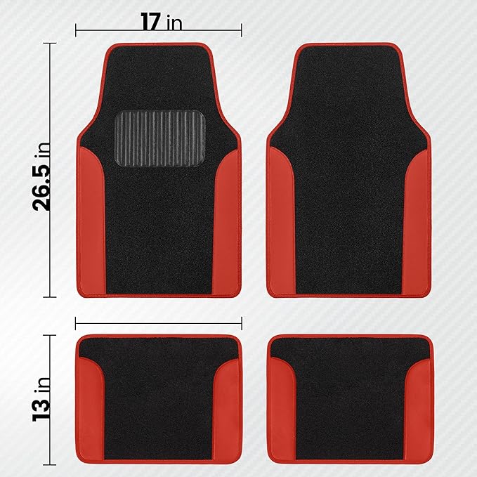 BDK Carpet Floor Mats for Cars, Two-Tone Carpet Car Mat with Faux Leather Accents, Automotive Floor Mat Sets with Built-in Heel Pad, Stylish Interior Car Accessories Red