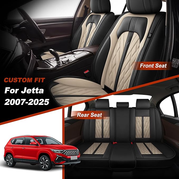 TTX LIGHTING Seat Covers Fit for VW/Volkswagen Jetta 2007-2025 Seat Covers Full Set Car Seat Covers Faux Leather Breathable Waterproof Car Seat Protector (5 Seats, Black&Beige)