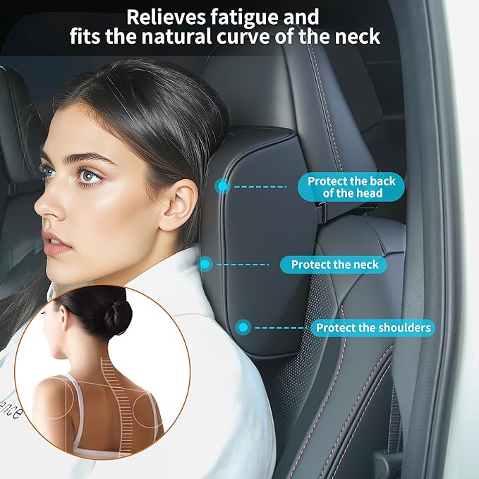 Dapucarin Car Headrest Pillow U-Shaped, Memory Foam Head Neck Support Cushion for Driving, Leather Head Rest Travel Pillows for Sleeping, Breathable Removable Cover, Black, 2 Pack