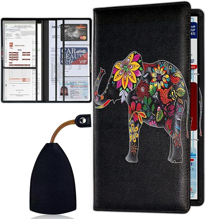 Car Registration and Insurance Card Holder for Women Men, Waterproof PU Leather Glove Box Car Organizer with Magnetic Shut, Vehicle Document Holder for Driver License,Cards, Elephant Sunflower