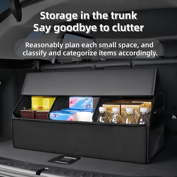 Venotxvi Car Organizers for Trunk for Suv Sedan, Leather Storage Box,Extra Large,Magnetic Lid,Collapsible and Adjustable, Collapsible Suede velvet， Black
