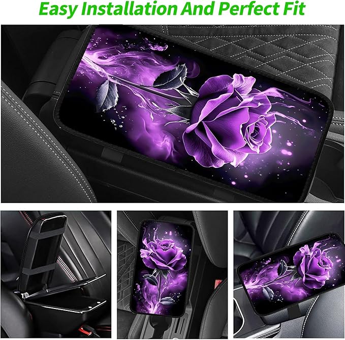 JANENFNA Car Armrest Cover Pads Universal Fashion Cute Auto Center Console Armrest Cover Pad with 2PCS Car Coasters Soft Waterproof Car Armrest Seat Protector for Women,Purple Rose