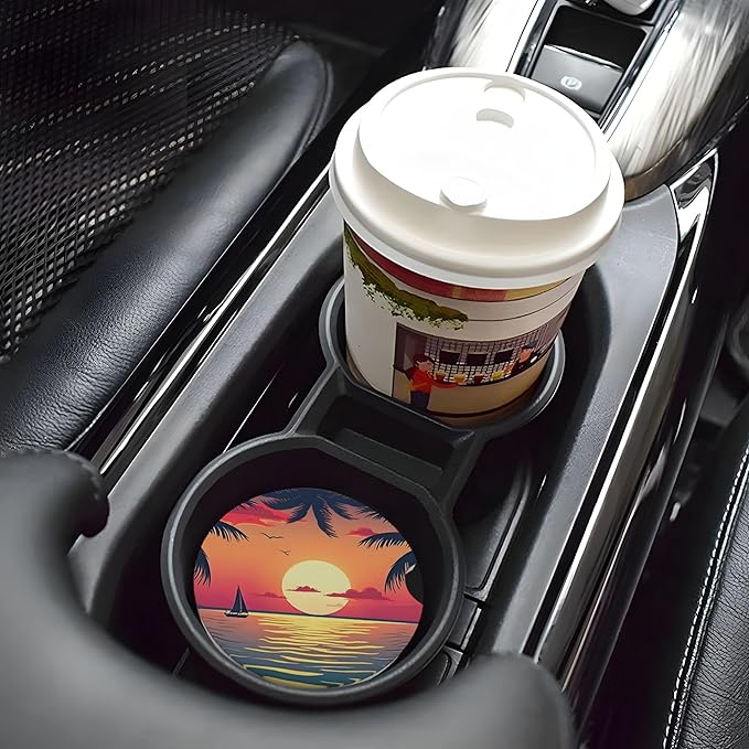 HUWAAI Beach Sunset Palm Trees Car Cup Holder Coasters 2 Pack Universal 2.63 Inch Anti Slip Ceramic Absorbent Coaster with Cork Base and Finger Notch Cute Car Accessories Interior for Women