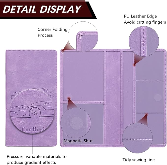 Peisicne Car Registration and Insurance Card Holder for Women Men, Purple Glove Box Paperwork Organizer with Magnetic Buckle for Easy Access and Protect Documents and Various Cards in Vehicle