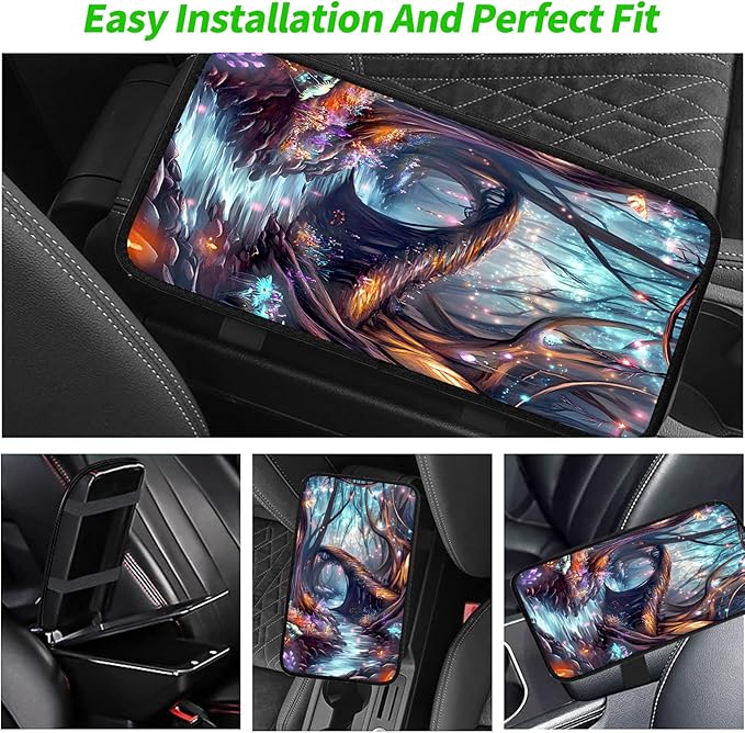 JANENFNA Car Armrest Cover Pads Universal Fashion Cute Auto Center Console Armrest Cover Pad with 2PCS Car Coasters Soft Waterproof Car Armrest Seat Protector for Women,Dream Forest Bridge