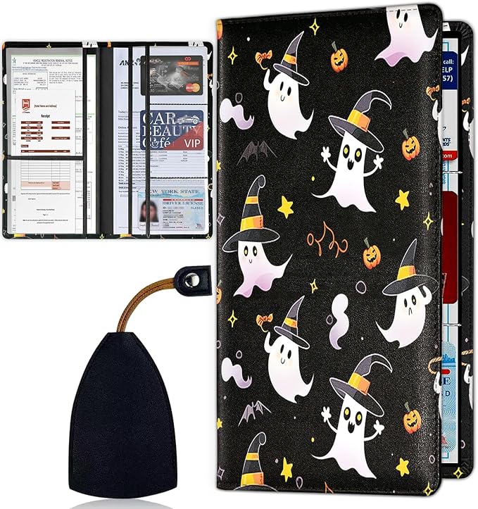 Car Registration Holder, Waterproof PU Leather Vehicle Card Document Glove Box Organizer, Women Interior Auto Accessories Case for Cards, Driver License Car Insurance Holder, Halloween Spooky Pumpkin