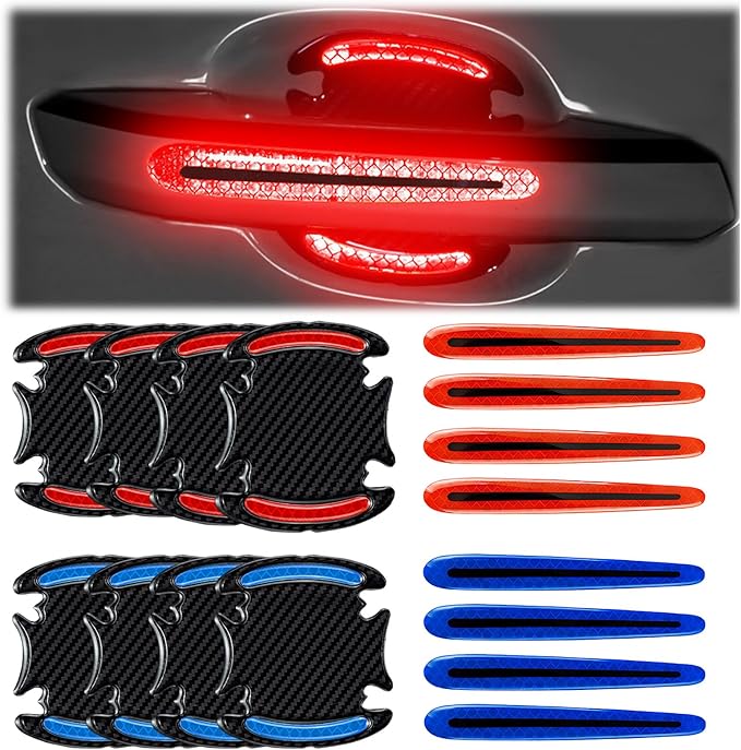 16Pcs 3D Car Door Handle Scratch Protector Sticker,Carbon Fiber Reflective Door Cup Guard,Red&Blue Exterior Car Accessories,Universal Anti-Scratch Guard Stickers Universal for Most Car Handle