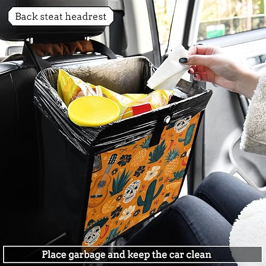 Car Trash Can Organizer Bin with Adjustable Strap for Back Front Seat Console Waterproof Leakproof Collapsible Portable 8.66 Inch Orange Day Of The Dead Skull Cacti