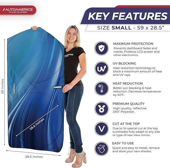 Autoamerics 1-Piece Windshield Sun Shade - Ocean Wave Foldable Car Front Window Sunshade for Most Cars SUV Truck - Heat Blocker Visor Protector Blocks Max UV Rays and Keeps Your Vehicle Cool - Small