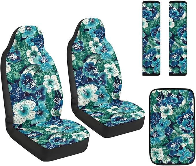 Qeluxign Hibiscus Floral Air Mesh Car Seat Covers & Accessories 5-Piece Set 2 Seat Covers, 2 Shoulder Belt Pads, 1 Console Pad PU Leather Car Interior Set for Women