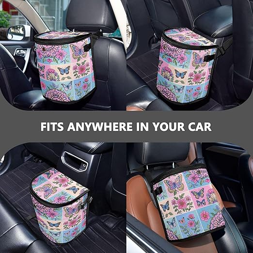 MNSRUU Car Trash Can with Lid, Flowers Butterflies Spring Car Trash Bag Hanging Organizers and Storage for Front Back Seat, Leak-Proof Trash Bin
