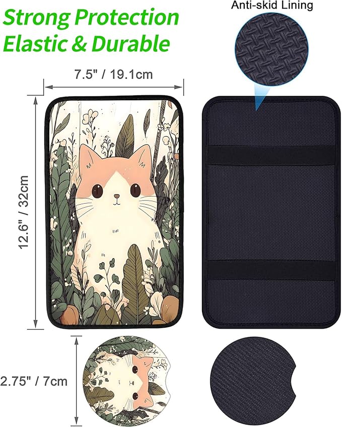 JANENFNA Car Armrest Cover Pads Universal Fashion Cute Auto Center Console Armrest Cover Pad with 2PCS Car Coasters Soft Waterproof Car Armrest Seat Protector for Women,Cute Cat in Flowers