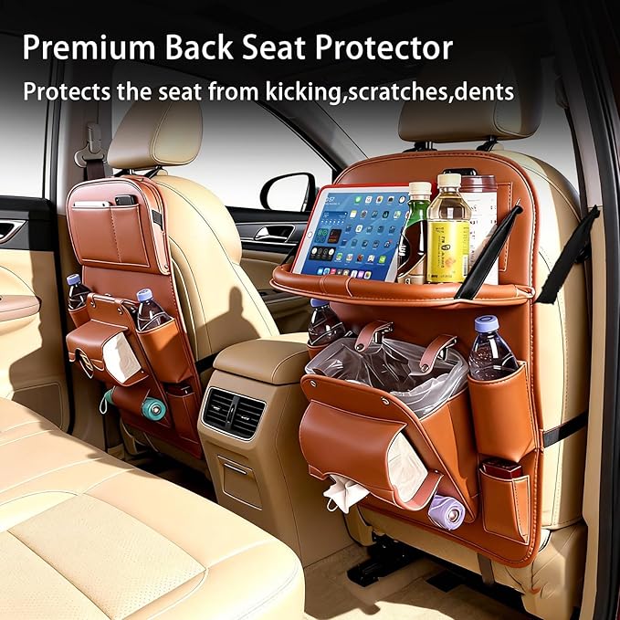 Car Seat Organizer, Multifunctional Backseat Protector Mat, Storage Bag and Tray Rack, Trash Storage (Suitable for Cars, Children, Back of Seats, and Rear Seats) (Brown, Leather 1-Piece Set)