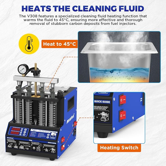 MR CARTOOL V308 Injector Cleaner Machine 4-Cylinder, 110V Injector Cleaner Tester Machine Heated Ultrasonic Fuel System Injection Cleaning Kit for Diesel Gasoline Car Motorcycle