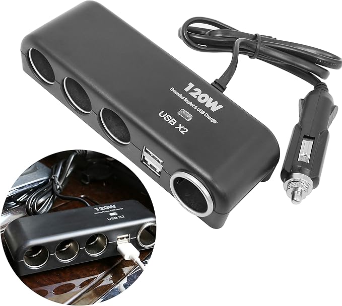 4 Way Car Charger Splitter Power Adapter with Multi Socket Dual USB 12V-24V Plug Charger for iPhone iPad Samsung GPS Dashcam