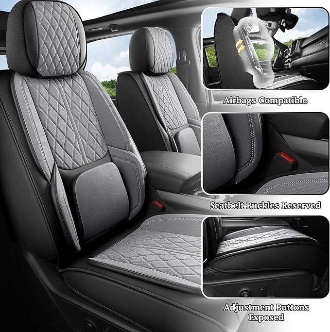 Universal seat Covers Fit for Cars, SUV, Sedans, with Durable and Breathable Leather (Black & Grey, Full Set)
