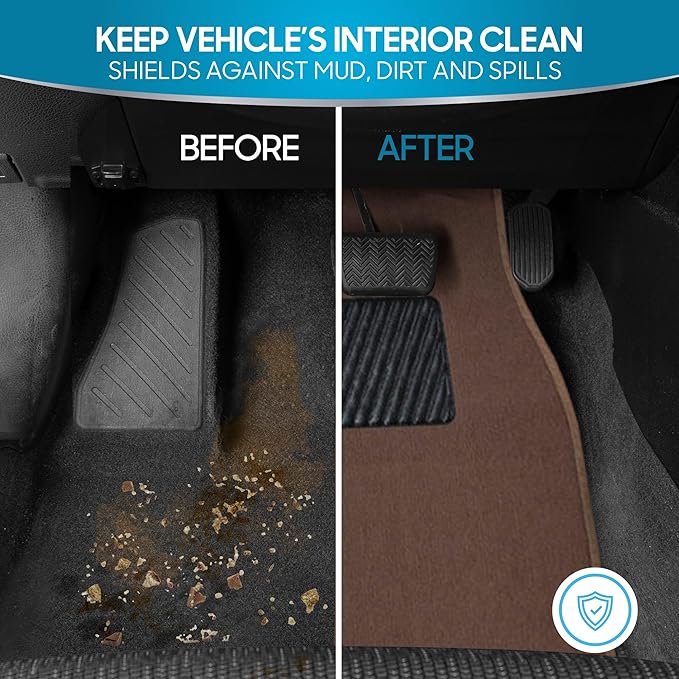 BDK Premium Dark Beige Carpet Floor Mats for Cars - Universal Fit Interior 4-Piece Car Mats Full Set with Vinyl Heel Pad Protector - Cute Car Accessories Interior Floor Covers for SUVs & Trucks