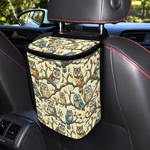 Cute Owl Car Trash Can Leak Proof Hanging Garbage Bin for Back Seat Easy to Install Vehicle Trash Can Hanging Fashion Auto Interior Universal Fit Truck Automotive Most Cars