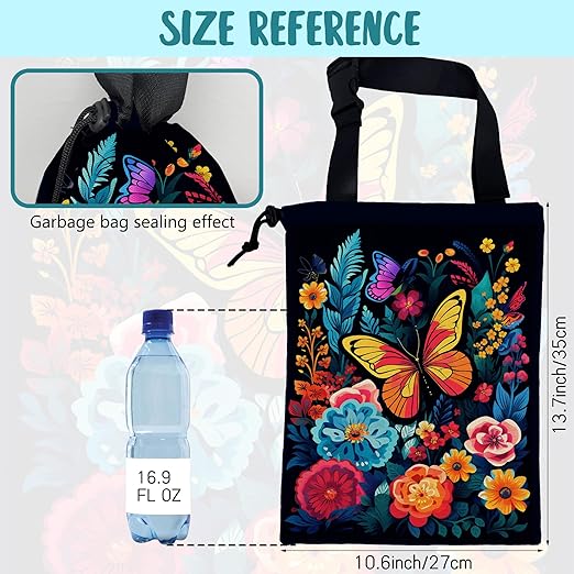 KXWQTRDD Car Garbage Bag Colorful Flowers and Butterflies Hanging Canvas Car Trash Bag Waterproof Drawstring Car Back Seat Organizer for Car Back Front Seat Console with Adjustable Buckle