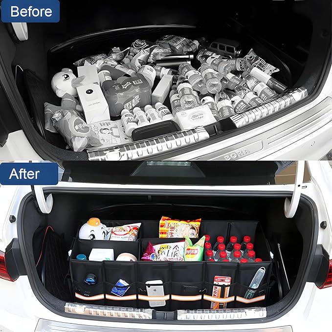PIPTang Trunk Storage Organizer with Lid, 35cm Small 36L Collapsible Car Trunk Organizer,Small Car Organizer Aluminium Handle, Car Accessories for Sedan Auto SUV Truck Minivan Road Emergency Black