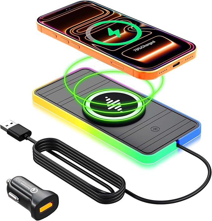 Magnetic Wireless Car Charger Pad, LANSEMKU RGB 15W Wireless Car Charging Pad for Magsafe Wireless Charger for Car iPhone 16 15 14 13 12 11 Pro Max, for Samsung Galaxy S24/23/S22/S22+/S22 Ultra