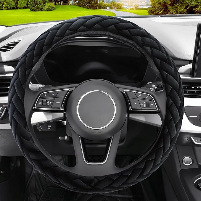 Soft Velvet Steering Wheel Cover Cute Hands Warm Fuzzy, Universal 15 Inch for Women Girls, Fit Vehicles, Sedans, SUVs, Vans, Trucks - Black