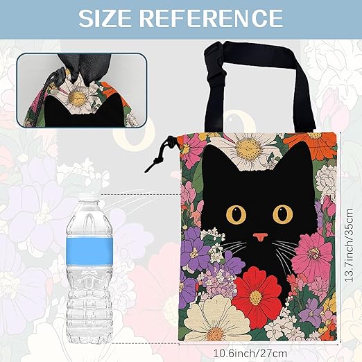Black Cat on Colorful Flowers Car Garbage Bag,Small Car Trash Bag Hanging,Drawstring Car Garbage Bag with Adjustable Buckle for Car Back Seat,SUVs,Camping,Road Trips