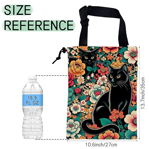 NHNXHWIA Black Cats Car Trash Bag,Tropical Flowers Hanging Drawstring Car Garbage Bag,Waterproof Canvas Car Back Seat Organizer with Adjustable Buckle,for Vehicles,SUVs,Camping,Road Trips