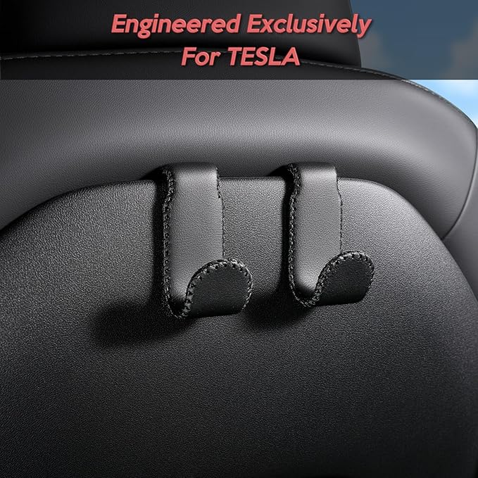 Car Seat Hooks for Tesla Model Y(Juniper) Model 3(Highland), Leather-Wrapped with Stainless Steel Core & Handmade Stitching, Purse Hanger Bag Holder, Automotive Seat Back Organizers (Black-2 Pack)