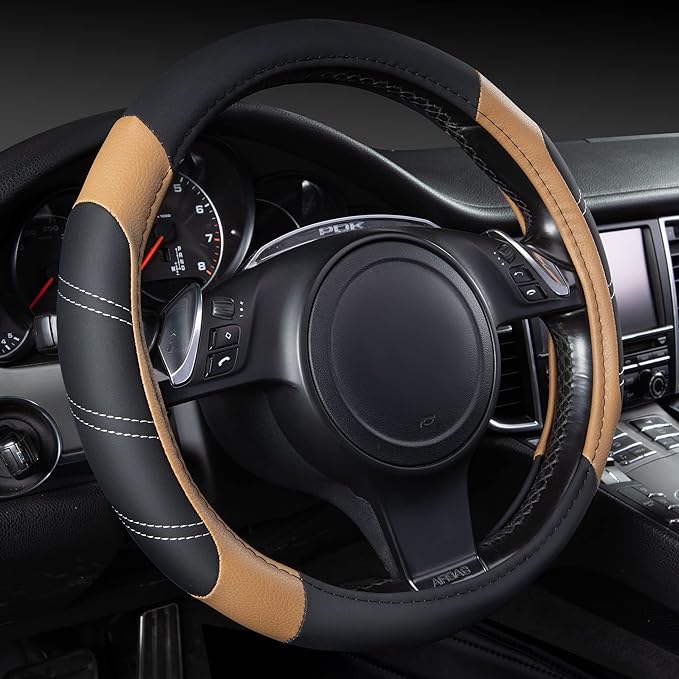 CAR PASS Line Rider Microfiber Leather Sporty 14.5-15 inch Steering Wheel Cover Universal Fits for 95% Truck,SUV,Cars, Anti-Slip Safety Comfortable Design (Black Beige)