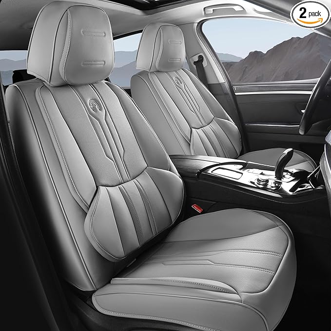AOOG Front Seat Covers, Car Seat Covers Front Seats, Leather Seat Covers for Cars, Waterproof Seat Covers with Lumbar Support Universal Fit for Most Cars SUV Trucks(Front Pair, Grey)