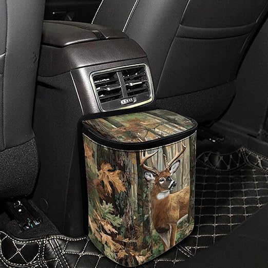 Camo Deer Car Trash Can with Lid Hunting Car Garbage Bin Auto Garbage Can with Adjusatbel Straps Hiking & Camping Storage Bag Auto Interior Accessories