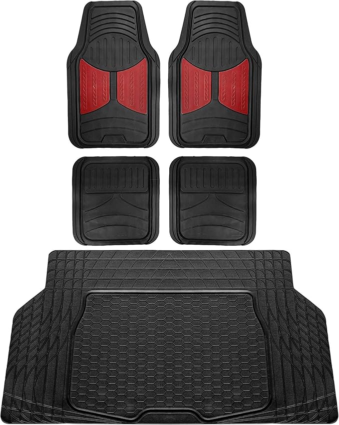 FH Group Monster Eye Full Set Rubber Floor Mats w. Trimmable Vinyl Trunk Liner/Cargo Mat Black- Fit Most Car, Truck, SUV, or Van (Burgundy/Black) F11313- F16403
