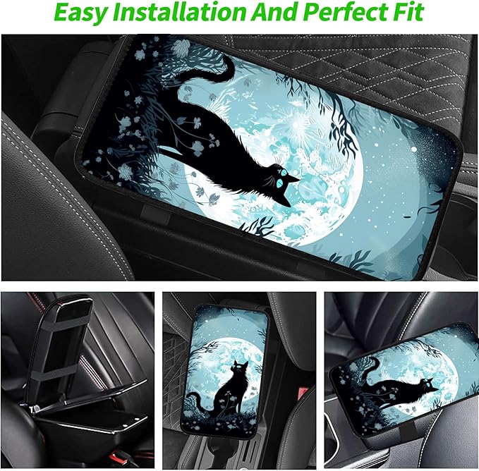JANENFNA Car Armrest Cover Pads Universal Fashion Cute Auto Center Console Armrest Cover Pad with 2PCS Car Coasters Soft Waterproof Car Armrest Seat Protector for Women,Moon Garden Cat