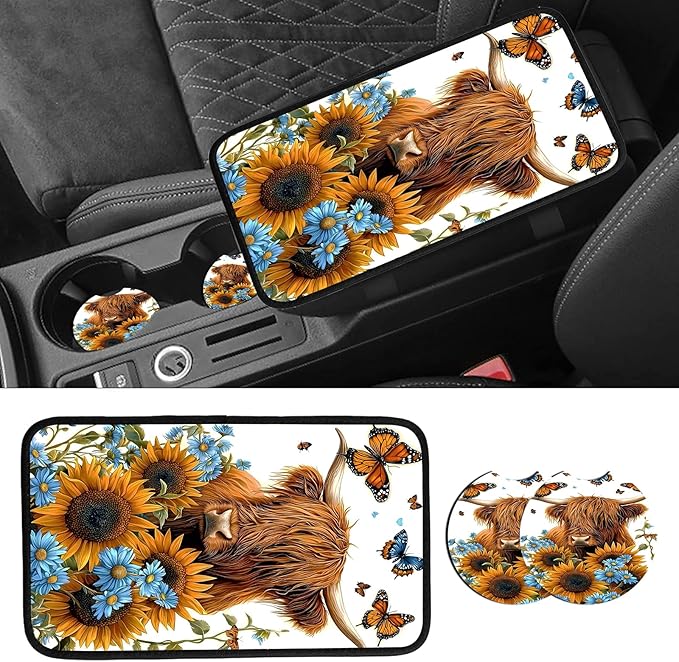 JANENFNA Car Armrest Cover Pads Universal Fashion Cute Auto Center Console Armrest Cover Pad with 2PCS Car Coasters Soft Waterproof Car Armrest Seat Protector for Women,Cow Butterflies