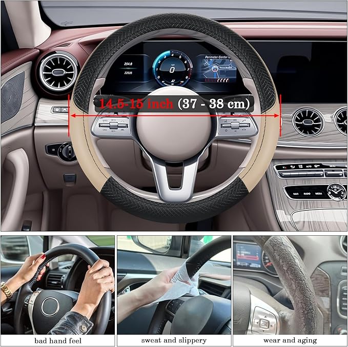 Black & Beige Car Steering Wheel Cover, Microfiber, Leather Patchwork, Universal 14.5-15 Inch Leather Anti-Slip Breathable Auto Steering Wheel Covers for Men Women