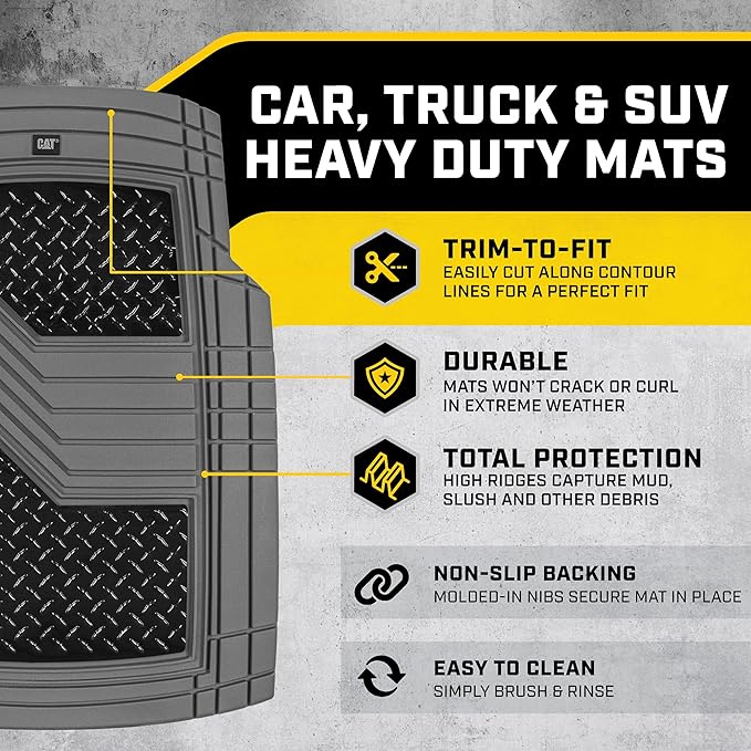 CAT® DiamondShield™ Rubber Floor Mats for Cars Trucks SUVs, All Weather Protection Front & Rear Car Mats Set, Heel Pad & Anti-Slip Backing, Universal Fit Trim-to-Fit Rubber Floor Mats for Car, Gray