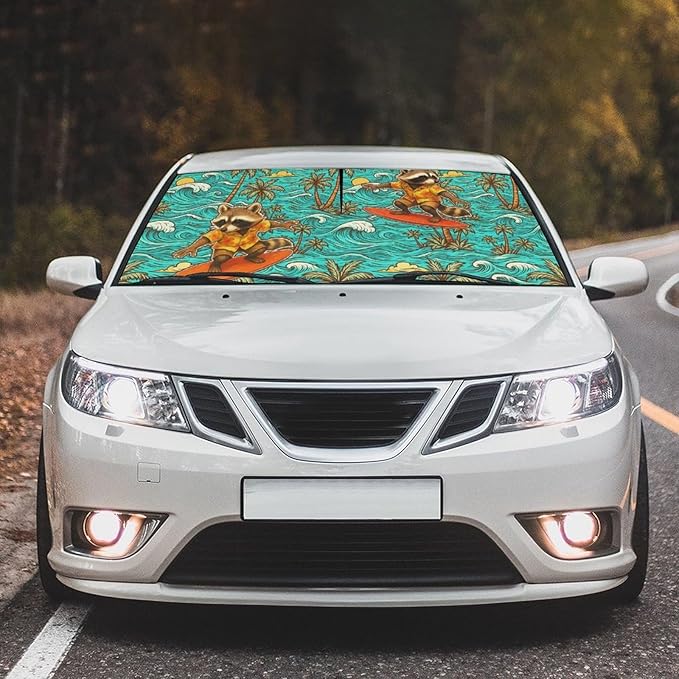 DOPINDU Hawaiian Raccoon Car Windshield Sun Shade Umbrella Bendable Handle Foldable Funny Sunshade for Car Windshield Block UV Rays Keep Vehicle Cool for Most Sedans SUV Trucks Cars 57"x30"