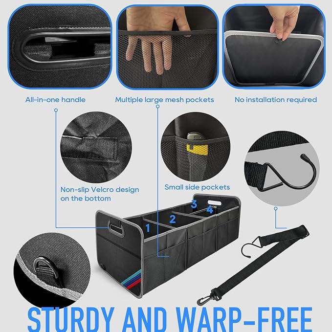 Junsungo XL Car Trunk Organizer, 4 Compartments, 94L Capacity, Oxford Polyester 600D Material, Easy Fold and Store, Prevents Sliding