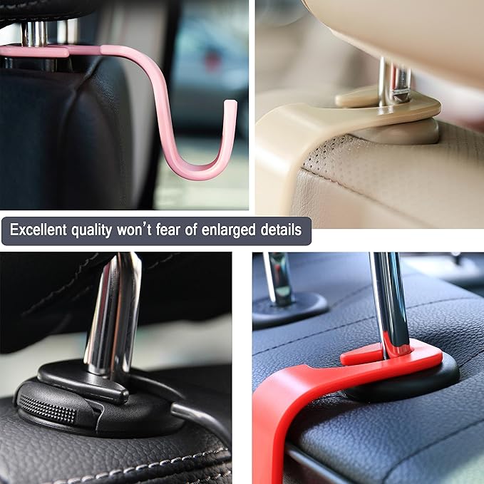 Amooca Universal Car Headrest Hooks, Car Organizer Hanger Storage Hooks for Bag Purse Cloth Grocery (Pink Set of 4)