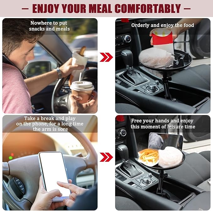 Car Cup Holder Tray for Adults Car Tray Table for Eating with Cell Phone Slot Lap for Universal Adjustable Cup Holder 360 Swivel Fits Vehicle, Boats, Golf Cart