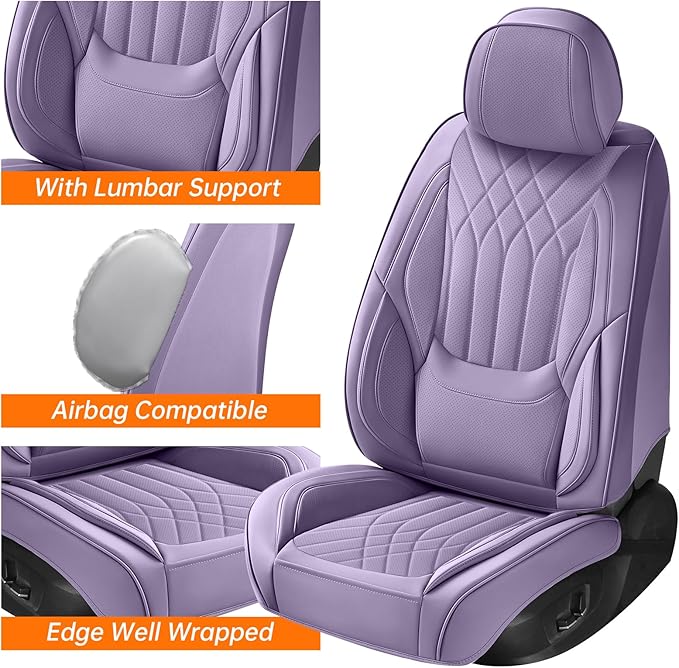 GEZHOUBA Purple Car Seat Covers Full Set, Luxury Leather Purple Seat Covers for Women, Full Coverage Waterproof Anti-Slip Car Seats Universal Fit for Most 5-Seater Cars SUVs