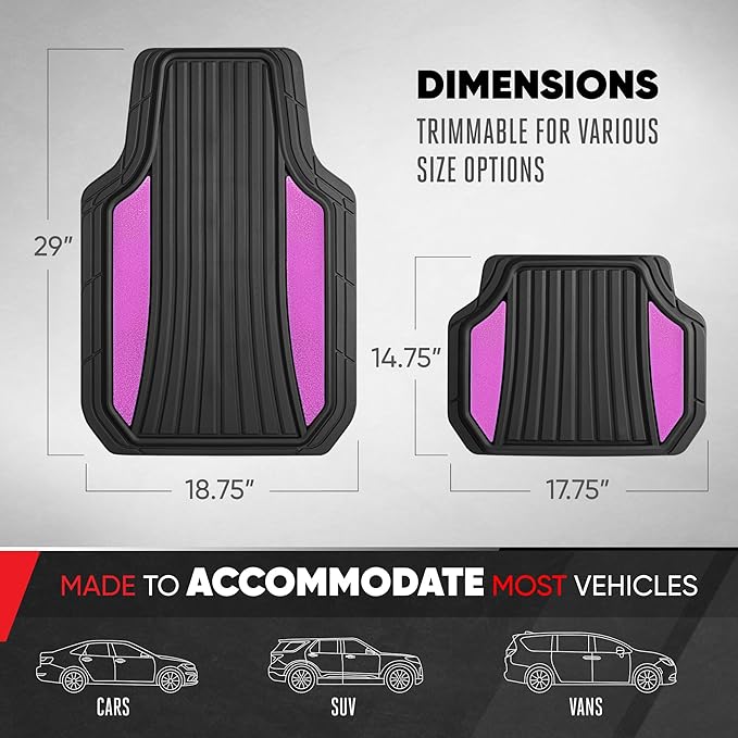 Motor Trend ChromeTech Car Floor Mats Full Set - Durable Rubber Floor Mats for Cars with Two Tone Accent, All Weather Interior Protection for Front and Rear with Non-Slip Backing, Black & Pink