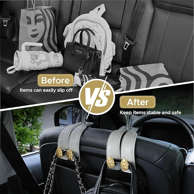 URIZZD 4 PCS Leather Car Seat Hooks for Headrest, Vehicle Hanger Storage Organizer Universal for Handbag Purse, Car Accessories Gift (White-Gold-4 PCS)