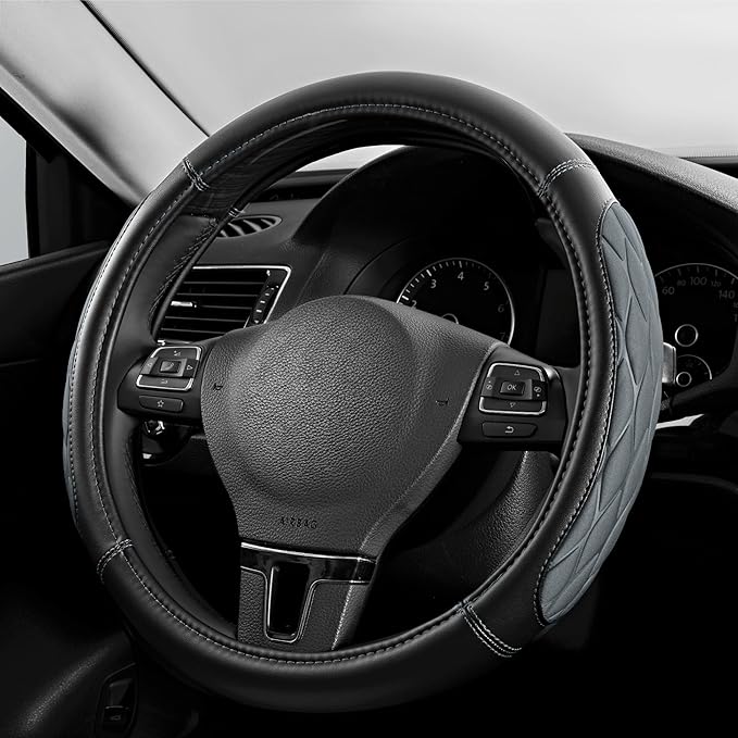 PIC AUTO Steering Wheel Cover, Gray Thick Rhombic Foam and Premium Leather, Universal 14.5-15.5 Inch Breathable Anti-Slip Steering Wheels Accessories for Men & Women