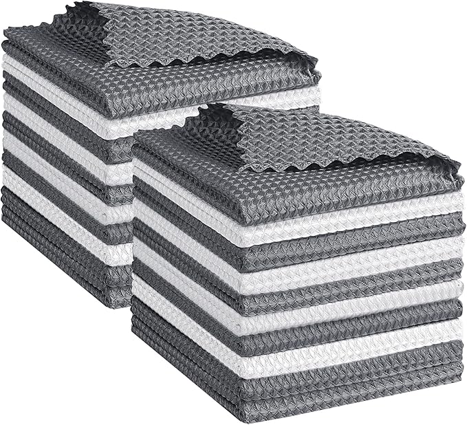 GLIMGLINT Waffle Weave Microfiber Towel, Lint Free Microfiber Cleaning Cloth for Household, Reusable Dish Towels, 20Pack, 11.5x11.5 Inch, (12 Grey, 8 White)