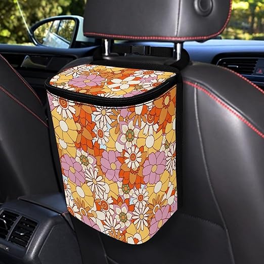 KEIAHUAN Car Garbage Can for Back Seat with Lid Abstract Hippie Flower Reusable Save Space Car Trash Bin Large Capacity Hanging Multipurpose Trash Bag for Automotive Office Home